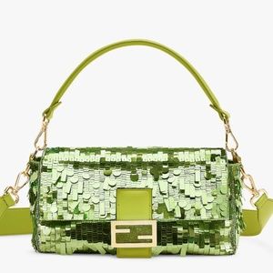 Authentic Fendi Baquette 2023 Sequin Acid Green Leather Shoulder Crossbody Bag